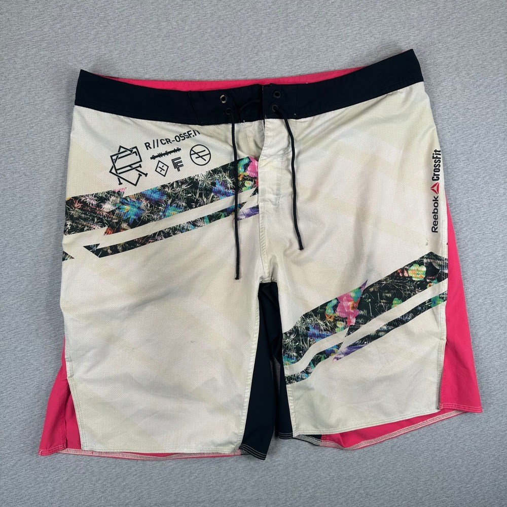 Reebok CrossFit Board Shorts Mens 36 Pink Cream Graphic Training Swim Trunks